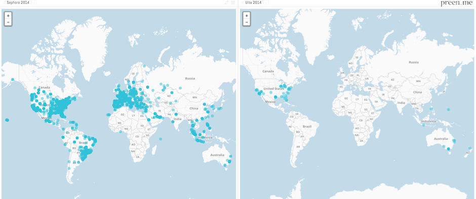 The global spread of posts about Sephora (left) and Ulta (right)
