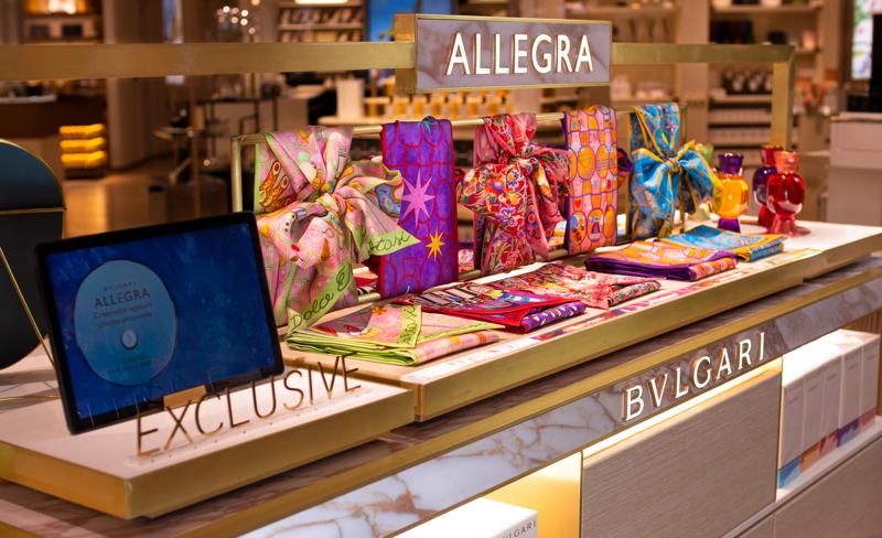 The pop-up features silk scarves inspired by Bulgari's Allegra fragrances