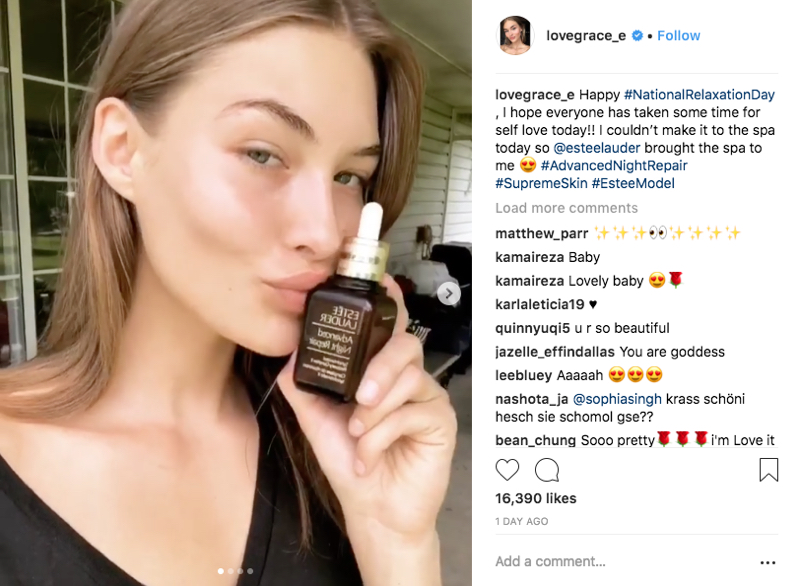 Estée Lauder ambassador Grace Elizabeth praised the brand, but did not say if she was paid (Instagram lovegrace_e)