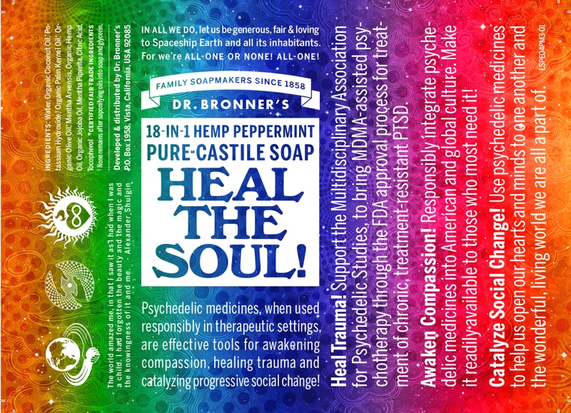 Dr. Bronner's labels outline some claimed benefits of psychedelic substances