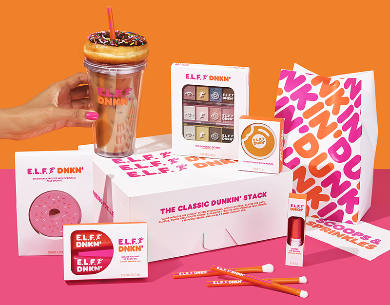The limited edition e.l.f. x Dunkin' line features doughnut and coffee-inspired shades, textures and scents