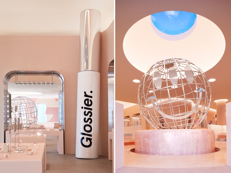 Glossier's 17-foot tall Boy Brow prop and Glossier 'Globe'