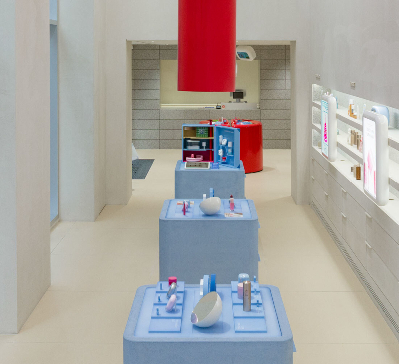 A range of Laneige products seen from above at Laneige Seoul