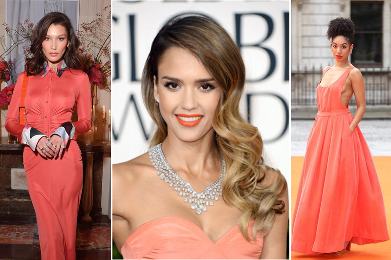 Bella Hadid, Jessica Alba and Pearl Mackie in coral (Credit: Getty Images)