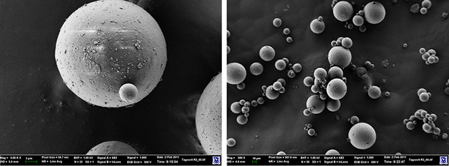 <i>Fig.1: SEM micrograph of Tagravit R1 microcapsules.  Magnification: (A.) 5K / bar- 3µm and (B.) 0.5K / bar - 10 µm.</i>