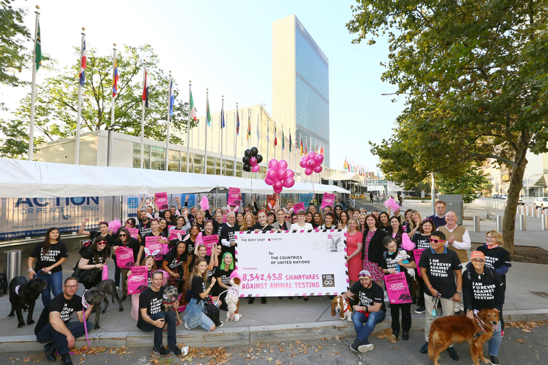 The Body Shop and Cruelty Free International campaigners outside UN headquarters, New York, US