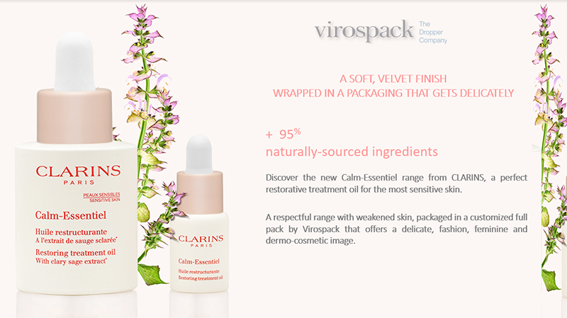 Virospack houses Calm-Essentiel range from Clarins in custom matte pink packaging