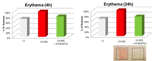 Figure 5. Erythema values (n=6; Age 28-42 years old) were measured after 1% SDS treatment by using Chromameter CR-300. Test and placebo products were applied on the forearm for 24 hours. The reading and measurement of erythema were performed at 4 and 24 hours after removing the patch.