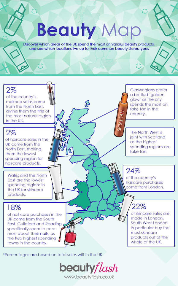 Beauty Flash infographic This beauty map of the UK from Beauty Flash shows which regions spend the most on specific beauty products